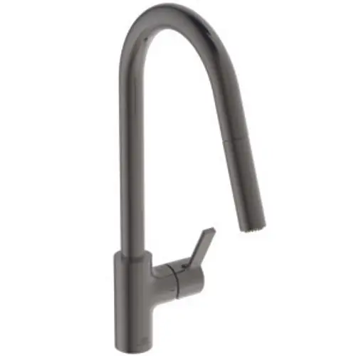 Küchenarmatur von Ideal Standard in Magnetic Grey, mit einem hohen Auslauf und einer abnehmbaren Brausefunktion. Der Hebel zur Regelung des Wasserflusses befindet sich seitlich.
